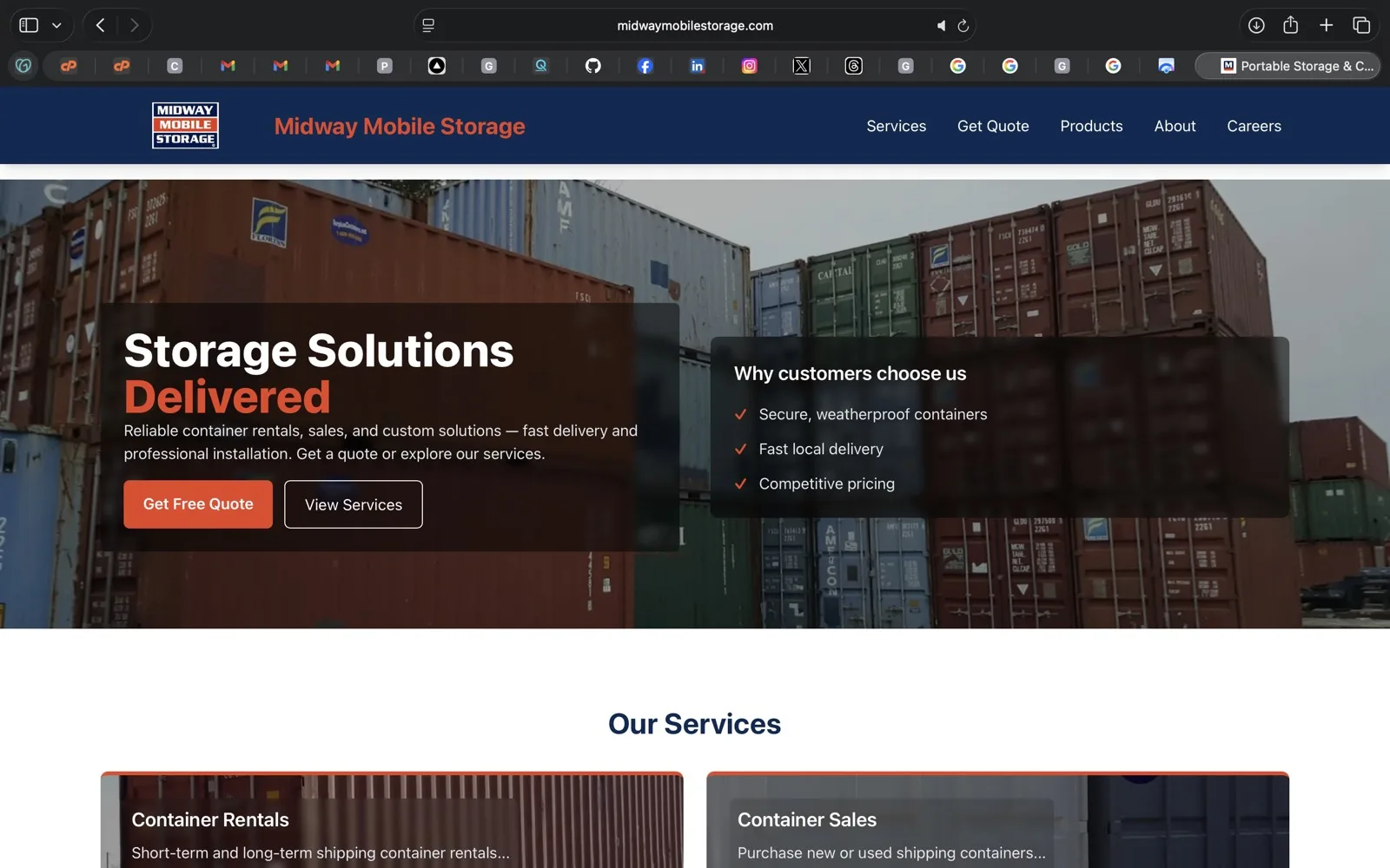 Midway Mobile Storage home page hero and CTA design